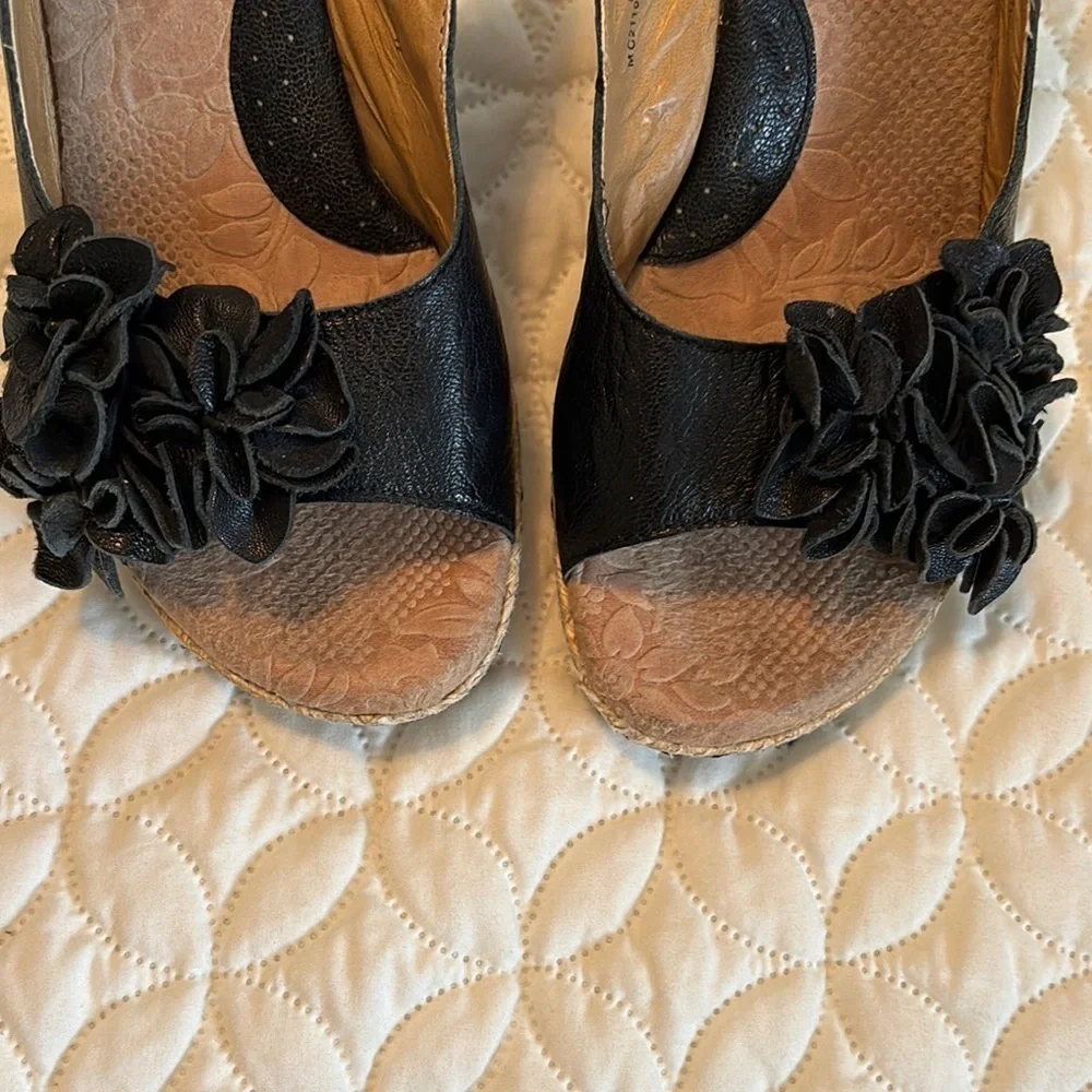 b.o.c. Black Espadrille Slingback 3.5” Straw Woven Heels Shoes Floral Sandals